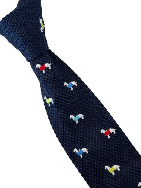navy blue knitted tie with embroidered dog design